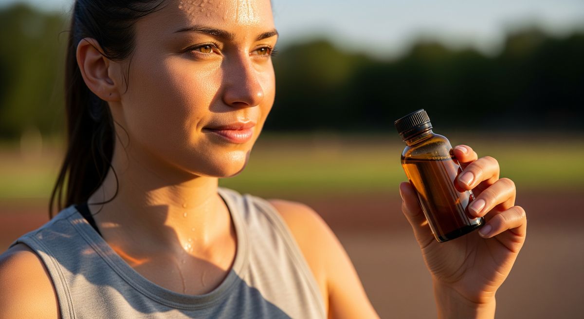sportif tenant un flacon de carnitine liquide apres une seance intense